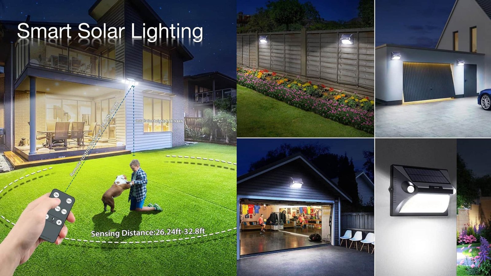 Montage of different smart solar light designs including pathway lights, wall sconces, and decorative garden fixtures